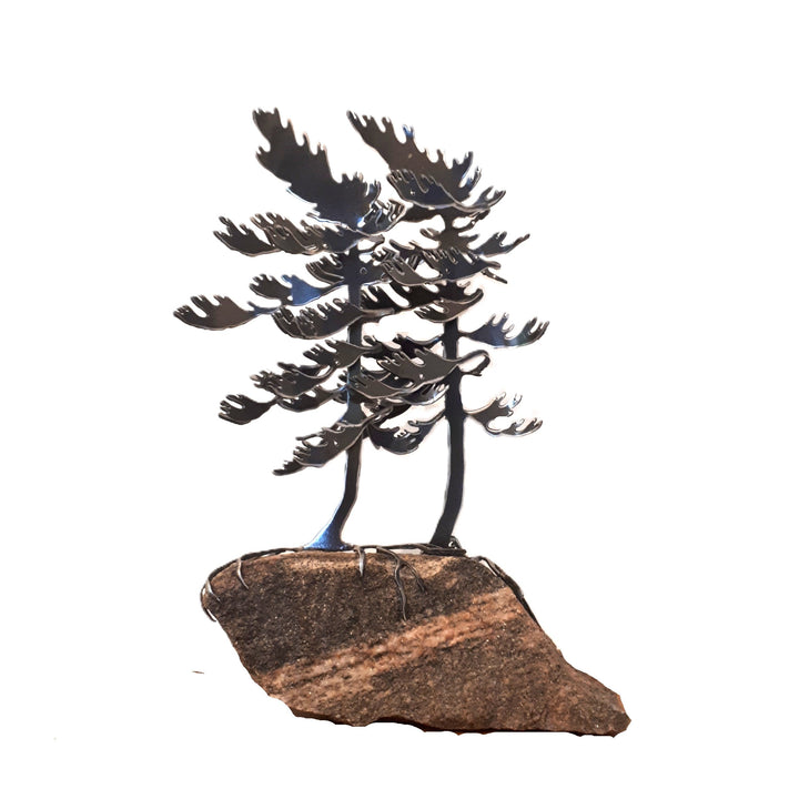 metal tree sculpture two white pine trees on a piece of Canadian granite