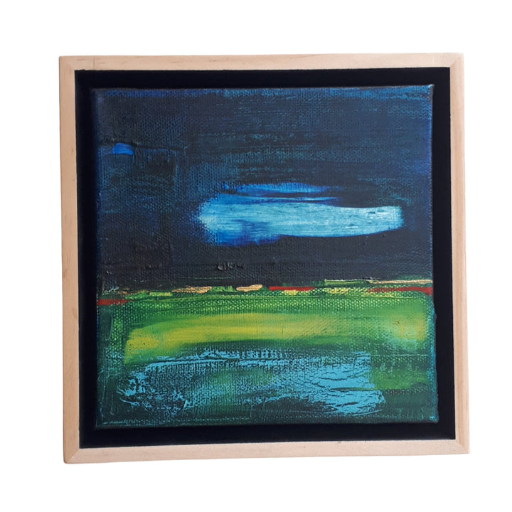 Abstracted landscape painting with blue and green strokes in a custom wooden float frame